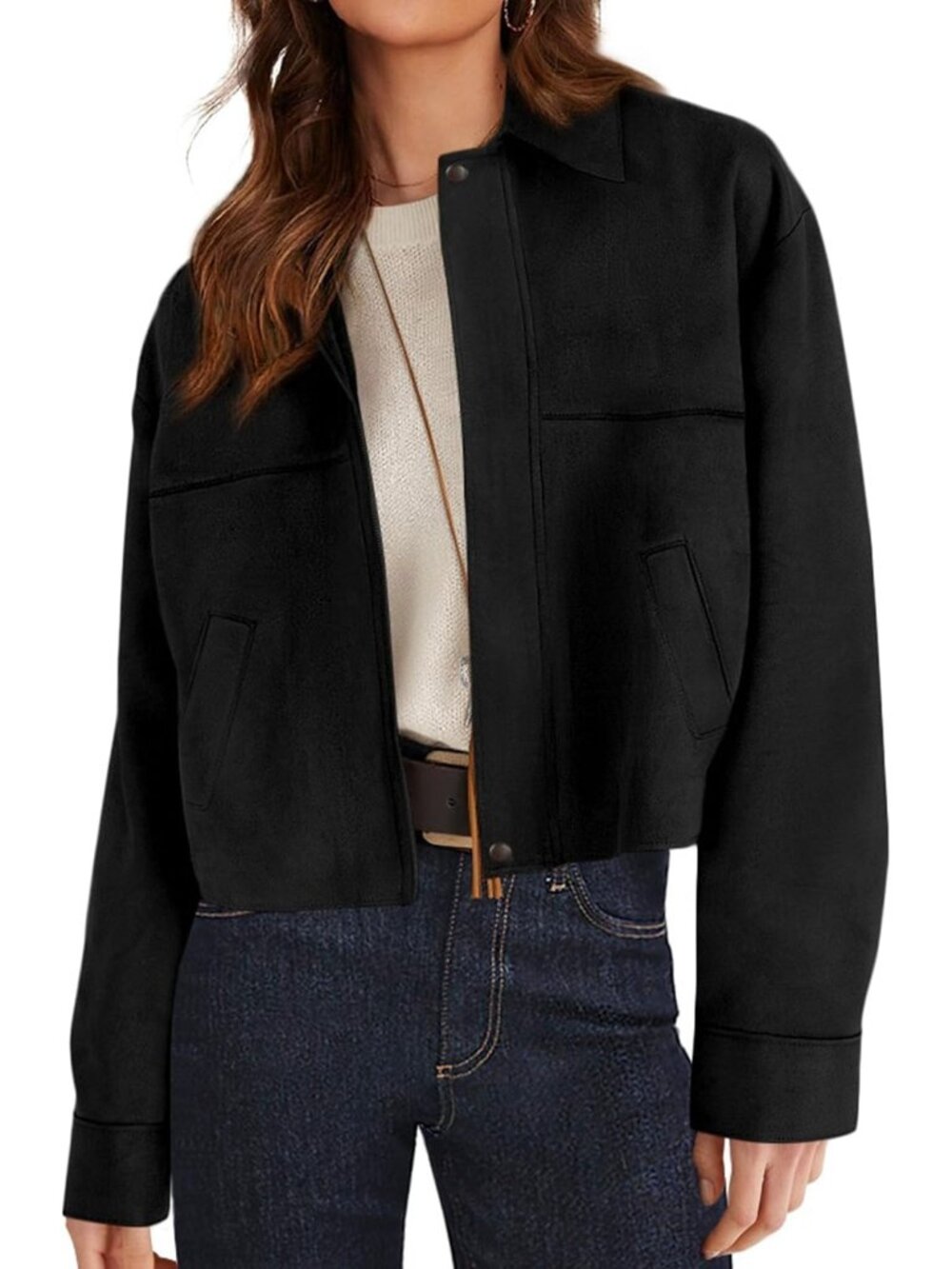 Women's Black Faux Suede Cropped 2 Pockets Fall Jacket Oversized Shacket